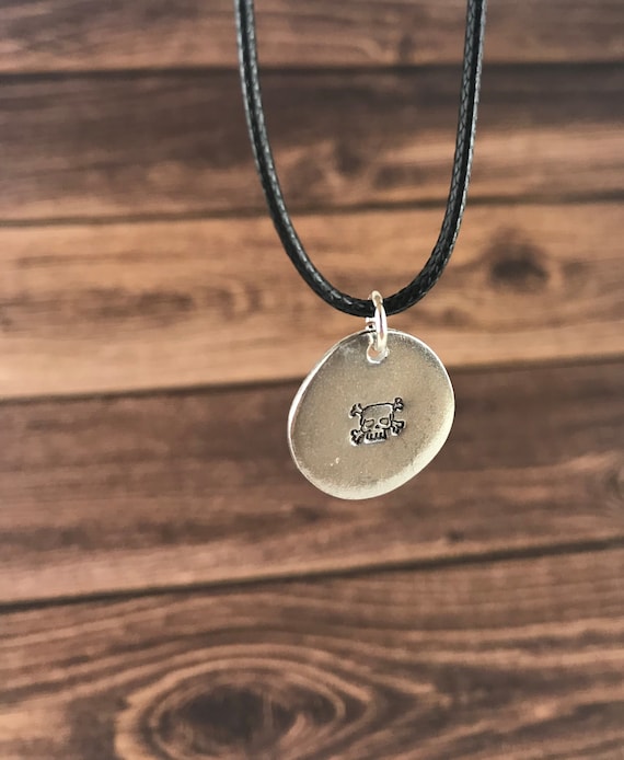 Skull Necklace, Skull Charm Necklace, Skull Cord Necklace, Skull, Skull Pendant, Skull Charm, Handstamped Charm, Handmade, Pewter