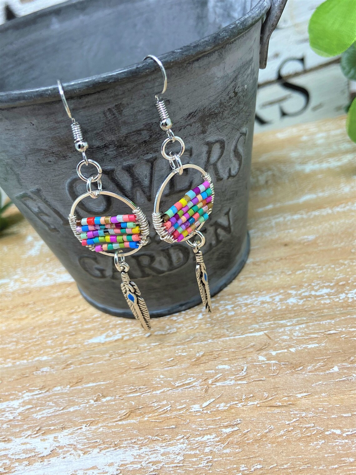 Beaded Hoops Dream Catcher Earrings Bead Wire Earrings | Etsy