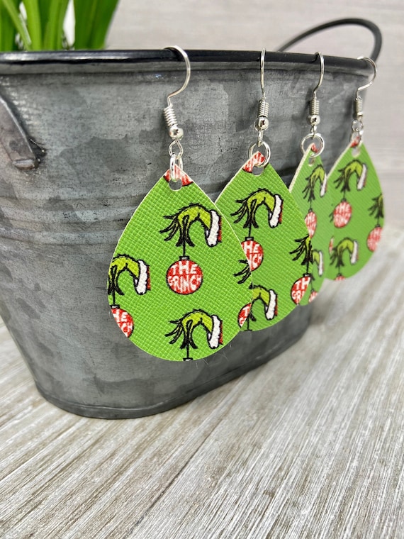 Grinch Themed Teardrop Shaped Dangle Earrings | Christmas Earrings