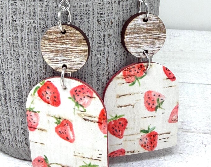 Cork Leather Strawberry Earrings: Rustic Vintage Style, 925 Sterling Silver Hooks
