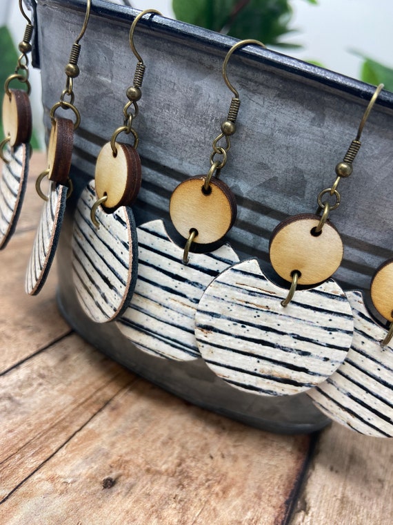 Wood Cork Earrings, Round Cork Earrings, Vintage Striped, Dangle Earrings, Cork Leather Earrings, Leather Backed Cork, Gift for Her