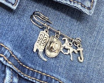 Safety Pin Brooch with Charms, Add Initial, Cowboy Brooch, Cowgirl Brooch, Personalized Accessories, Custom Brooch, Personalized Gift, Gift