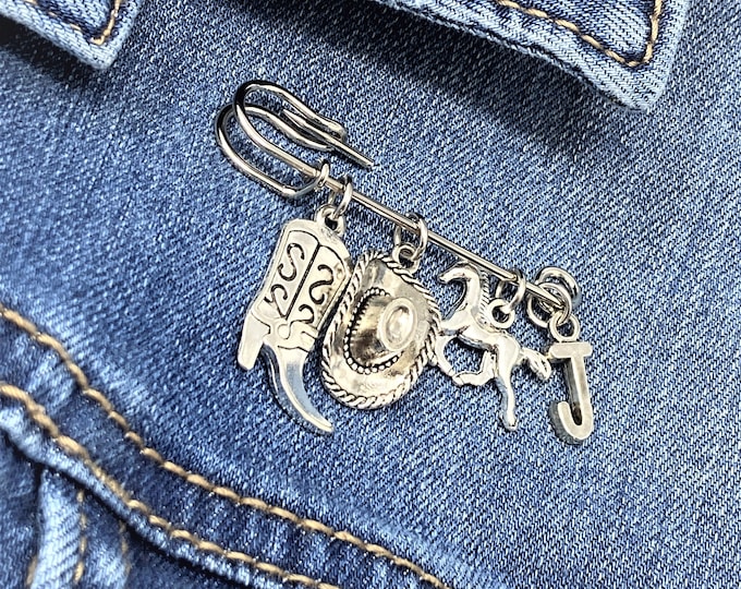 Cowboy Safety Pin Brooch with Charms | Add Initials