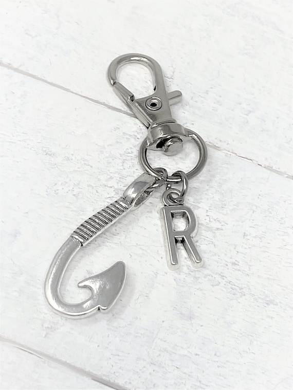 Fishhook Keychain, I'm hooked on you, Fishhook Zipper Pull, Fishhook Charm, Custom Keychain, Add Initials, Gift for Him, Personalized Gift