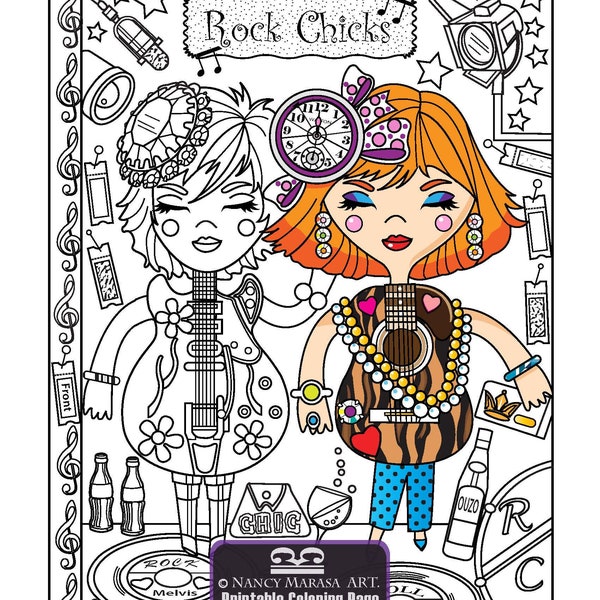 Guitar Girls Coloring Book Page - Rock Chick Duo (Coloring pages for adults and teens, Coloring sheets, Musical, Whimsical, Fantasy)