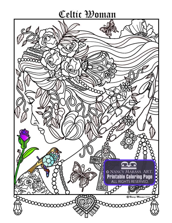 Fantasy Fashion Celtic Woman Coloring Page Beautiful Etsy