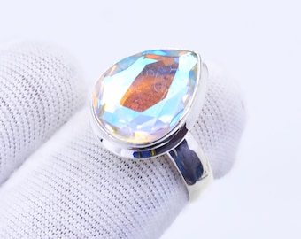 Handmade Teardrop Aura Quartz Ring: 925 Sterling Silver Boho Jewelry
