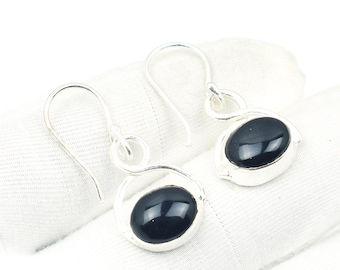 Black Onyx Earrings: Sterling Silver Oval Dangle, Boho Hippie Style