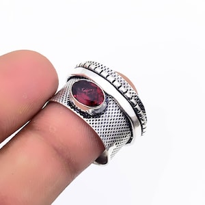 Gemstone Cut Garnet Solid 925 Sterling Silver Thumb Band Ring Hand Hammered Birthstone Gift For Men Silver Spinner Ring For Gifted Garnet