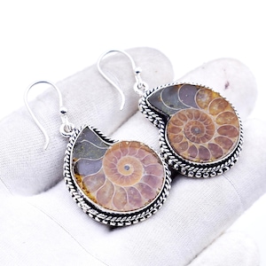 May include: A pair of silver earrings with a fossilised ammonite design. The earrings feature a spiral pattern in shades of brown and tan, set in a silver frame with a decorative border. The earrings are displayed against a white background.