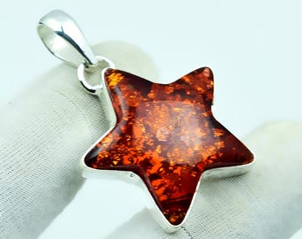 Boho Baltic Amber Star Pendant: Sterling Silver Handmade Jewelry
