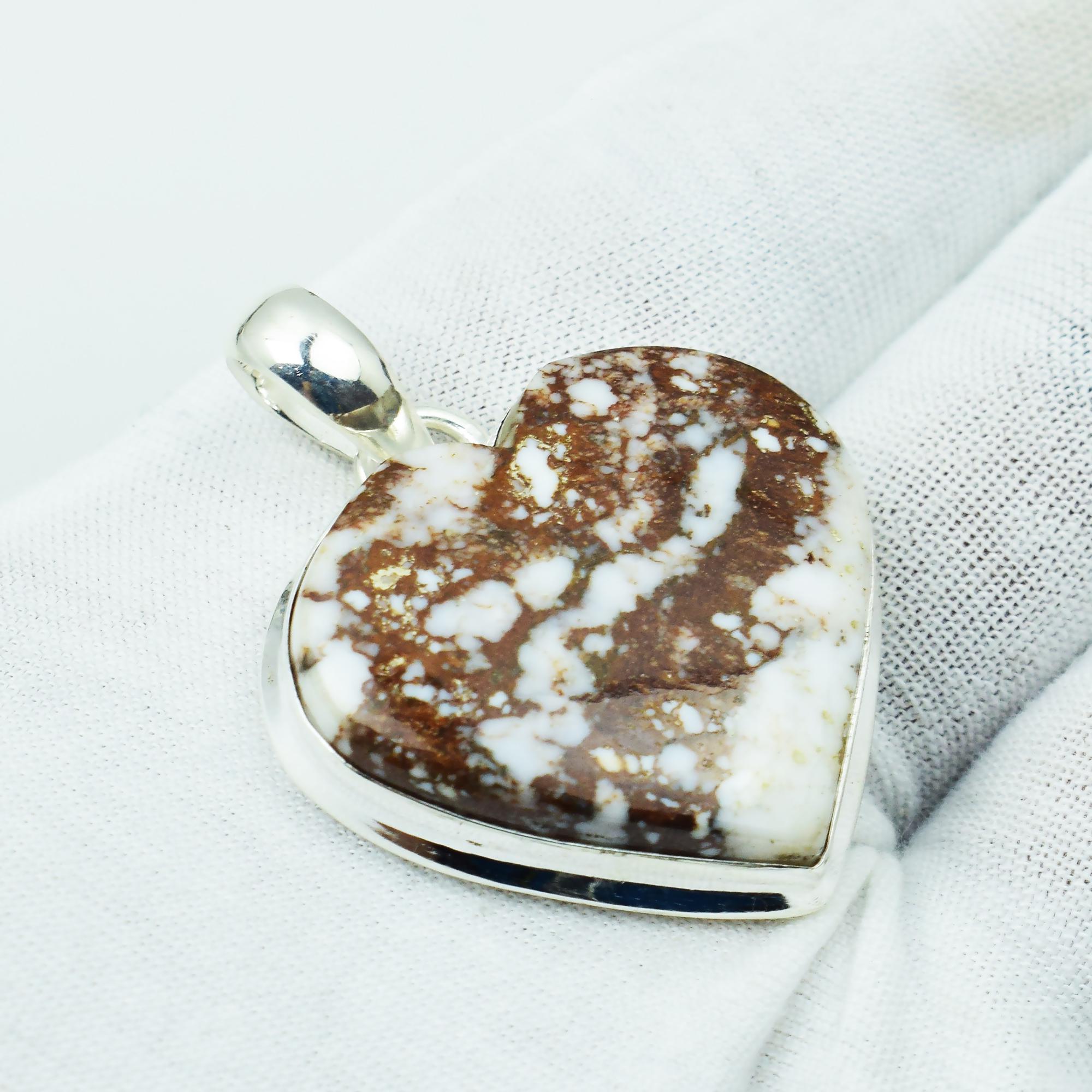 Natural Wild Horse Jasper Heart Pendant 925 Sterling Silver