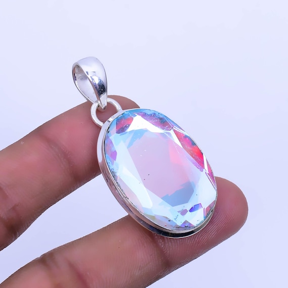 Angel Aura Quartz Pendant: Oval Boho 925 Sterling Silver