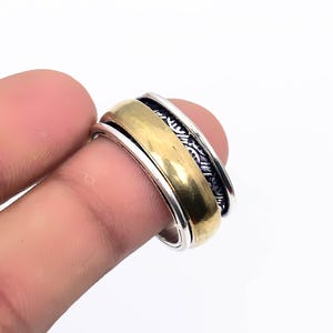 Two Tone 925 Silver Spinner Ring: Boho Brass Accent