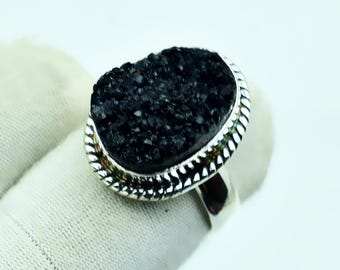 Black Druzy Silver Statement Ring: Sterling Silver Boho Jewelry