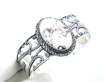 Wild Horse Gemstone Cuff Bracelet: Boho 925 Silver Bangle