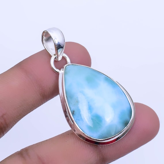 Handmade Pear Larimar Pendant: Boho 925 Sterling Silver