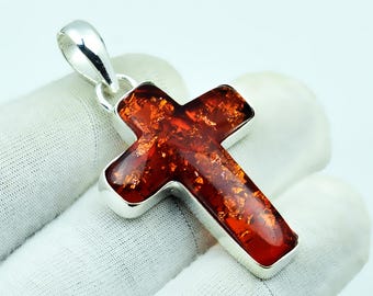 Baltic Amber Cross Pendant, Sterling Silver Boho Gemstone, Jesus