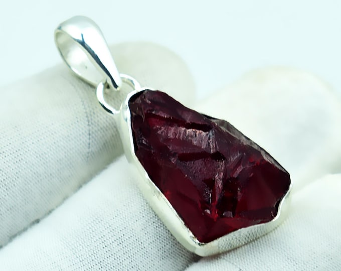 Raw Red Garnet Pendant, Sterling Silver, Boho Healing Crystal Necklace