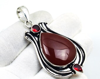 Boho-hanger carneool en granaat: 925 sterlingzilver, handgemaakt