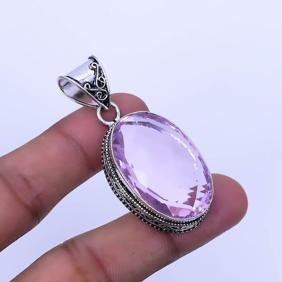 Faceted Pink Kunzite Gemstone Pendant: Boho 925 Silver