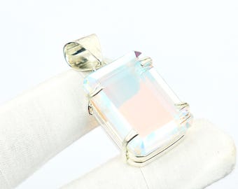 Angel Aura Quartz 925 Silver Pendant: Handmade Boho Rectangle Design