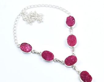 Handmade Pink Druzy Sterling Silver Necklace – Boho Gemstone Jewelry