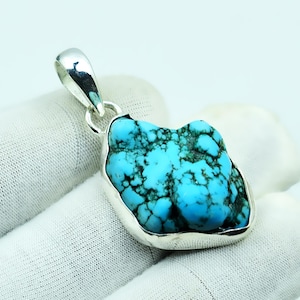 Rå tibetansk turkos 925 sterlingsilverhänge: Handgjort BOHO-hänge