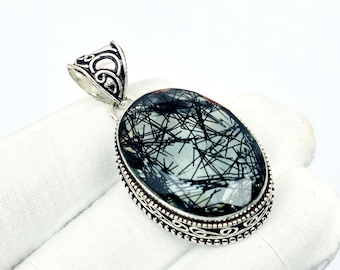 Black Rutile Quartz 925 Silver Pendant - Handmade Boho Jewelry