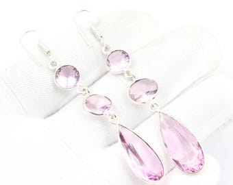 Handmade Pink Kunzite Drop Earrings: 925 Sterling Silver Boho Jewelry