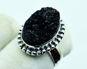 Black Druzy Quartz Ring: Handmade 925 Sterling Silver Boho Statement Druzy Jewelry