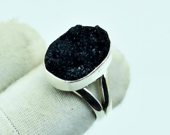 Black Druzy Quartz Sterling Silver Ring - Handmade Boho Statement Druzy Jewelry