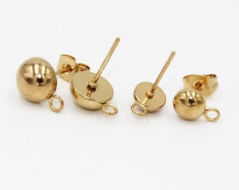 10pcs Stainless Steel Stud Earrings Post Findings 8mm Gold Tone Circle Solid Half Ball with Loop Earrings post Settings DIY Crafts