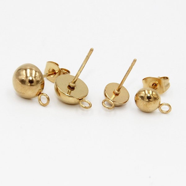 10pcs Stainless Steel Stud Earrings Post Findings 8mm Gold Tone Circle Solid Half Ball with Loop Earrings post Settings DIY Crafts