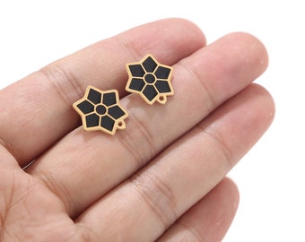 Stainless Steel Enamel Black Flower Stud Earring Posts with hole, 15mm Stud Post Earring Findings Gold/Silver Tone