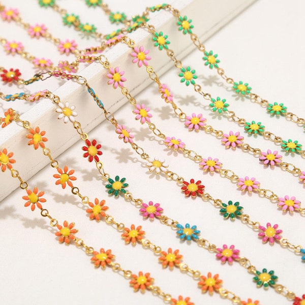 1 Meter Stainless Steel Daisy Charm Chain Gold Plated Enamel Flower Beaded Chains for Necklace Bracelet Earrings DIY Jewelry Making