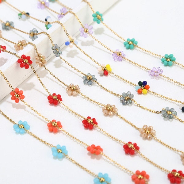 Stainless Steel Daisy Beaded Flower Chains Handmade Gold Satellite Beaded Chains for DIY Women Necklace Bracelet Jewelry Findings