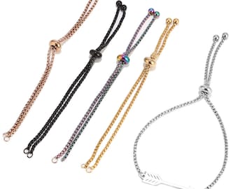 2pcs Stainless Steel Gold/Rose Gold/Black Adjustable Slider Chain with 2 loops for Jewelry Making Bracelet Connectors W/ Rubber Stopper Bead