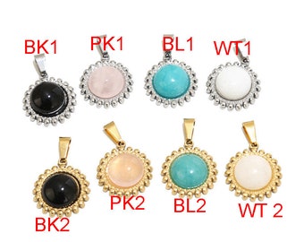 5pcs Stainless Steel Gold Round Turquoise Gemstones Charm Pendants for Women Necklace Making