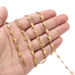 1 Meter Stainless steel Solid Heart Chain, Soldered Handmade Heart Link Chain, 18K Gold Plated and Steel Color