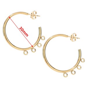 10 st. rostfritt stål, förgyllda, 15 mm, 20 mm, 30 mm, örhängesstift med ögla, C-formade örhängen, örhängestillbehör, gör-det-själv, örhängen för kvinnor, tillverkning 4 Loop Gold 30mm