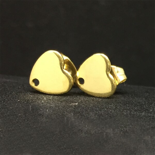 Lot Gold tone Heart earrings connector,  stainless steel earring base findings, DIY stud earring post with hole for jewelry making