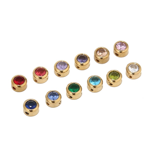 10PCS Stainless Steel 6mm Gold Cubic Zirconia Birthstone Spacer Charm Beads for Jewelry Making Mixed Color