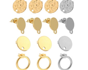 10pcs/40pcs Stainless Steel Gold Silver Round Disc Earring Post W Loop Hammered Plate Earrings Base For Hypo-Allergenic Earring Making