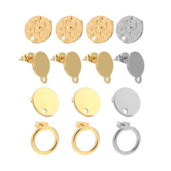 10pcs/40pcs Stainless Steel Gold Silver Round Disc Earring Post W Loop Hammered Plate Earrings Base For Hypo-Allergenic Earring Making