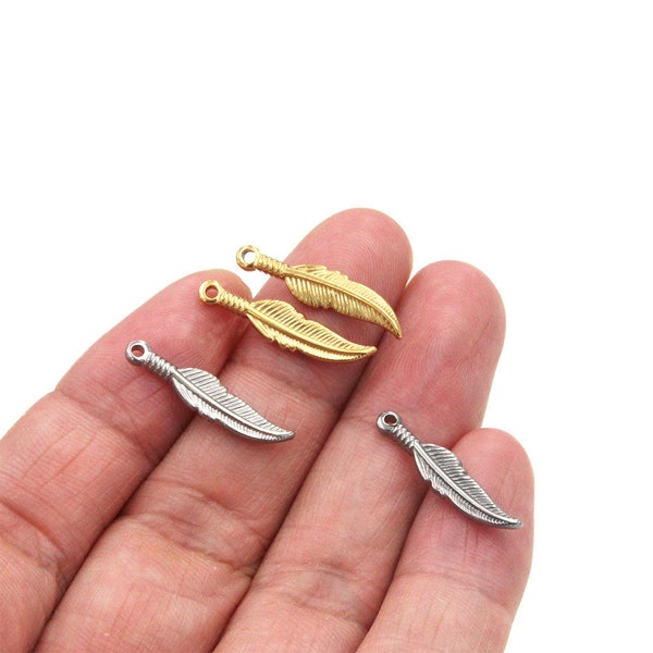 10pcs Stainless Steel Feather Pendants Charms, 5x12mm Steel Gold Tone Feather Jewelry Findings Making Accessory For DIY Necklace Bracelet