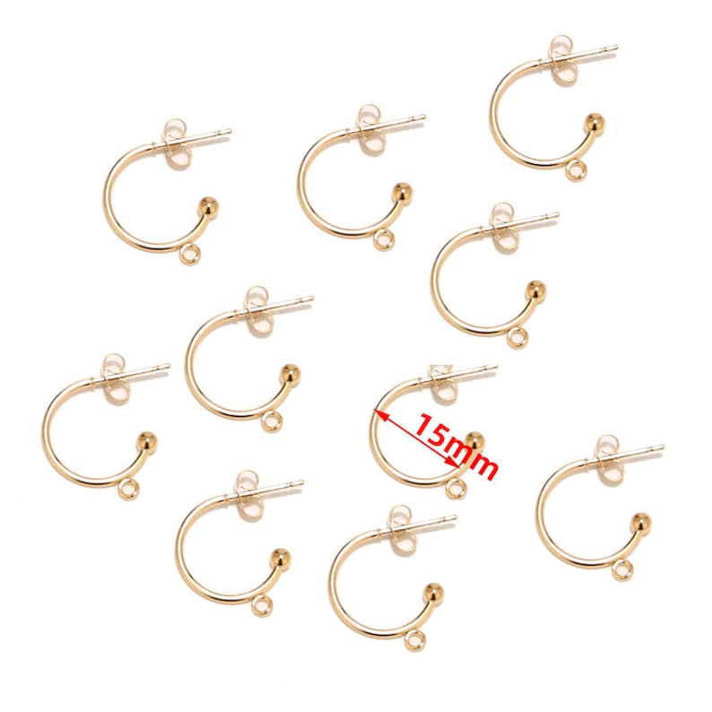 10 st. rostfritt stål, förgyllda, 15 mm, 20 mm, 30 mm, örhängesstift med ögla, C-formade örhängen, örhängestillbehör, gör-det-själv, örhängen för kvinnor, tillverkning 1 Loop Gold 15mm
