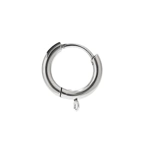 May include: Silver hoop earring with a hinged clasp and a small dangling charm.