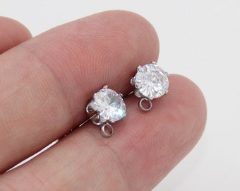 10pcs 6mm CZ Clear Zircon Earrings Post Stud With Loop Stainless Steel Ear Post Stud Findings For Craft Diy Earring Making