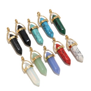 Stainless Steel Hexagon Healing Point Pendant Gold Plated Stone Quartz Amethyst Pendants Natural Gemstone Pencil Point Necklace Charm